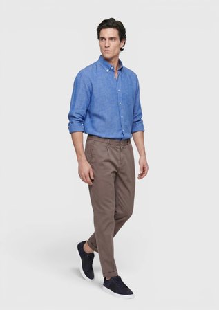 Açık Mavi Düz Casual Fit Uzun Dokuma Casual %100 Keten Gömlek