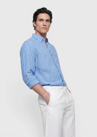 Mavi Düz Casual Fit Uzun Dokuma Casual %100 Keten Gömlek