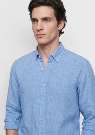 Mavi Düz Casual Fit Uzun Dokuma Casual %100 Keten Gömlek