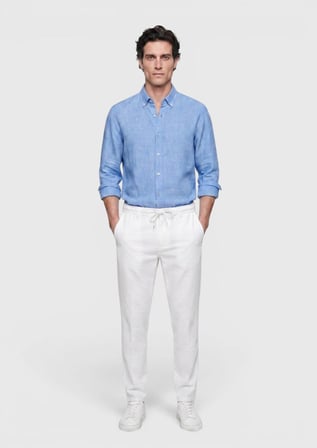 Mavi Düz Casual Fit Uzun Dokuma Casual %100 Keten Gömlek