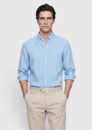 Turkuaz Düz Casual Fit Uzun Dokuma Casual %100 Keten Gömlek