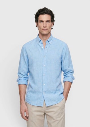 Turkuaz Düz Casual Fit Uzun Dokuma Casual %100 Keten Gömlek