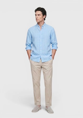 Turkuaz Düz Casual Fit Uzun Dokuma Casual %100 Keten Gömlek