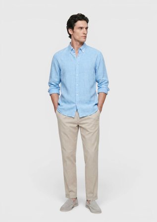 Turkuaz Düz Casual Fit Uzun Dokuma Casual %100 Keten Gömlek