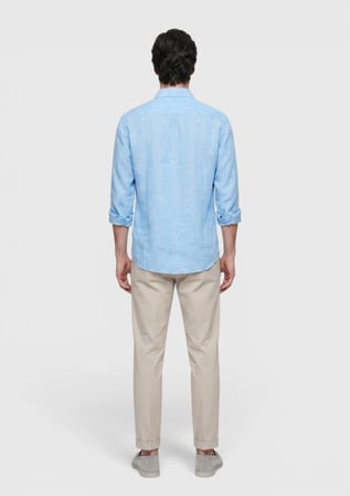 Turkuaz Düz Casual Fit Uzun Dokuma Casual %100 Keten Gömlek