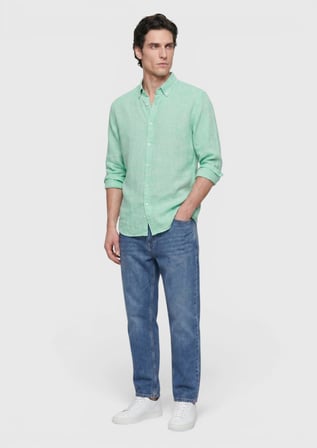 Yeşil Düz Casual Fit Uzun Dokuma Casual %100 Keten Gömlek