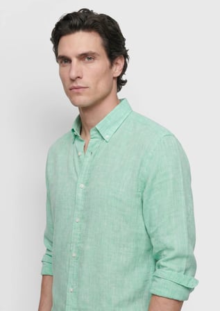 Yeşil Düz Casual Fit Uzun Dokuma Casual %100 Keten Gömlek