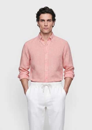 Turuncu Düz Casual Fit Uzun Dokuma Casual %100 Keten Gömlek