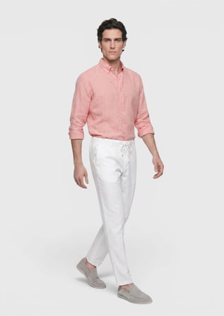 Turuncu Düz Casual Fit Uzun Dokuma Casual %100 Keten Gömlek