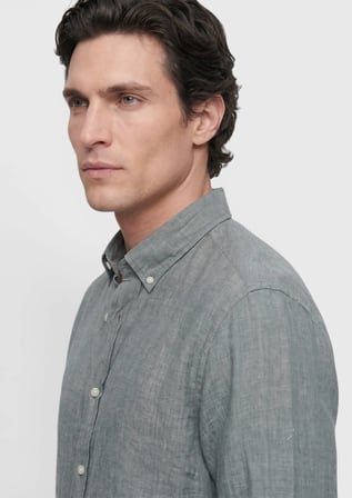 Koyu Yeşil Düz Casual Fit Uzun Dokuma Casual %100 Keten Gömlek