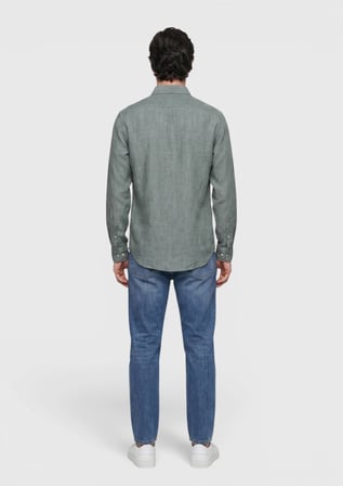 Koyu Yeşil Düz Casual Fit Uzun Dokuma Casual %100 Keten Gömlek