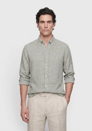 Zeytin Yeşili Düz Casual Fit Uzun Dokuma Casual %100 Keten Gömlek