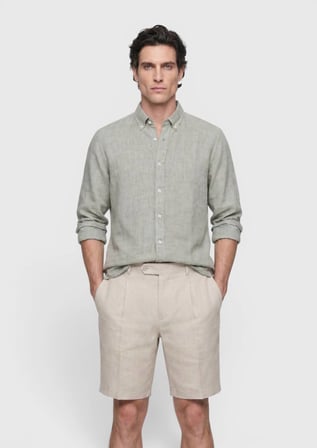 Zeytin Yeşili Düz Casual Fit Uzun Dokuma Casual %100 Keten Gömlek