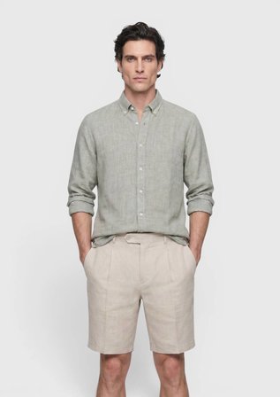 Zeytin Yeşili Düz Casual Fit Uzun Dokuma Casual %100 Keten Gömlek