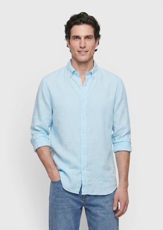 Mint Düz Casual Fit Uzun Dokuma Casual %100 Keten Gömlek
