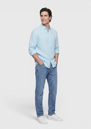 Mint Düz Casual Fit Uzun Dokuma Casual %100 Keten Gömlek