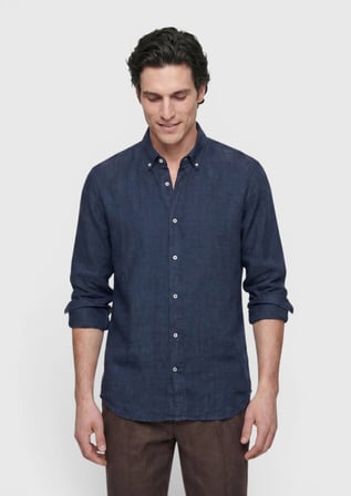 İndigo Düz Casual Fit Uzun Dokuma Casual %100 Keten Gömlek