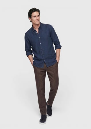 İndigo Düz Casual Fit Uzun Dokuma Casual %100 Keten Gömlek