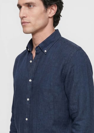 İndigo Düz Casual Fit Uzun Dokuma Casual %100 Keten Gömlek