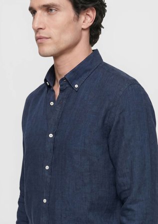İndigo Düz Casual Fit Uzun Dokuma Casual %100 Keten Gömlek