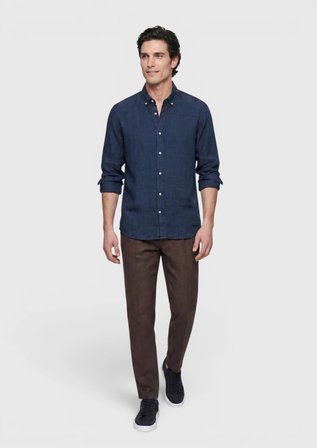 İndigo Düz Casual Fit Uzun Dokuma Casual %100 Keten Gömlek