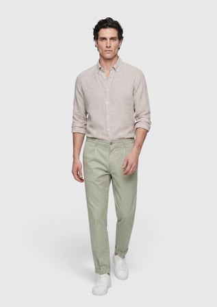 Bej Düz Casual Fit Uzun Dokuma Casual %100 Keten Gömlek