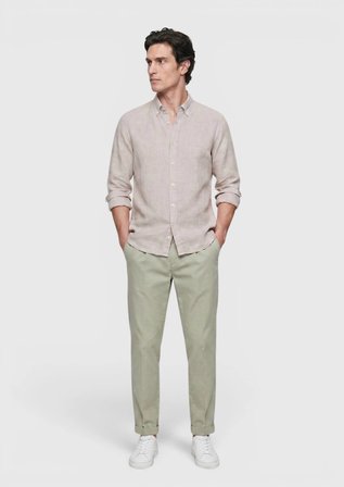 Bej Düz Casual Fit Uzun Dokuma Casual %100 Keten Gömlek