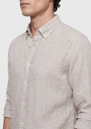 Bej Düz Casual Fit Uzun Dokuma Casual %100 Keten Gömlek