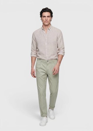 Bej Düz Casual Fit Uzun Dokuma Casual %100 Keten Gömlek