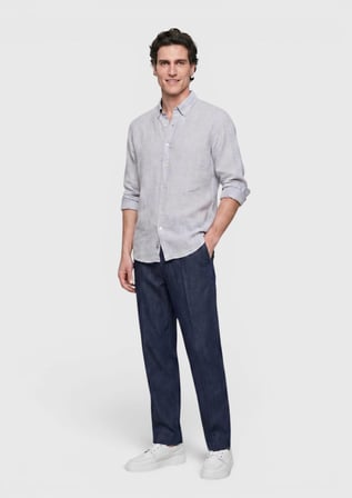 Açık Gri Düz Casual Fit Uzun Dokuma Casual %100 Keten Gömlek