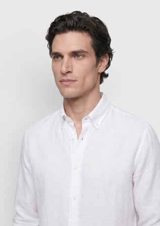 Beyaz Düz Casual Fit Uzun Dokuma Casual %100 Keten Gömlek