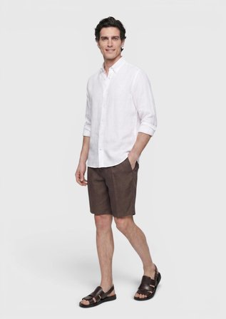 Beyaz Düz Casual Fit Uzun Dokuma Casual %100 Keten Gömlek