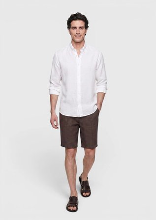 Beyaz Düz Casual Fit Uzun Dokuma Casual %100 Keten Gömlek