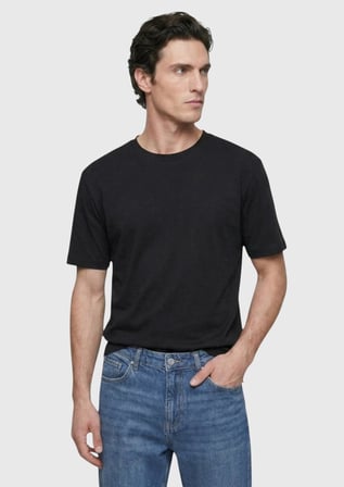 Siyah Düz Pamuk Karışımlı T-Shirt