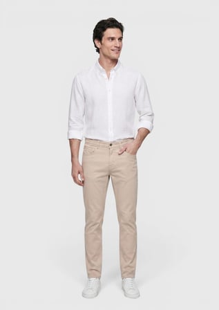 Bej Düz Dokuma Slim Fit Casual Pamuk Karışımlı Pantolon