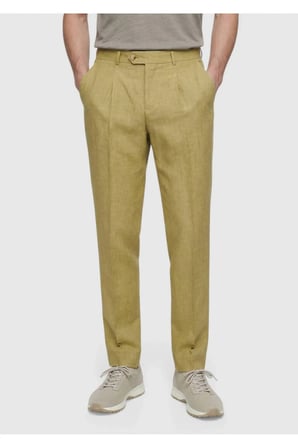 Yağ Yeşili Düz Dokuma Regular Fit Casual %100 Keten Pantolon