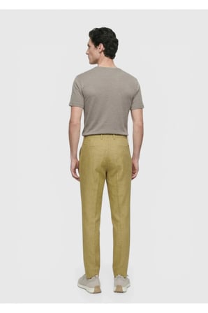 Yağ Yeşili Düz Dokuma Regular Fit Casual %100 Keten Pantolon