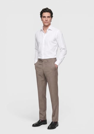 Açık Kahve Düz Dokuma Regular Fit Klasik  Yün Pantolon