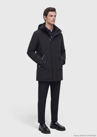 Siyah Regular Fit Kapüşonlu Teknik Kaban