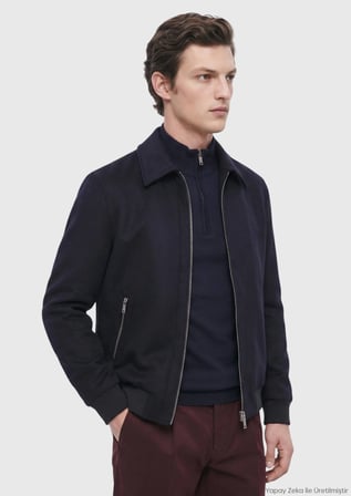 Lacivert Regular Fit Gömlek Yaka Casual Dokuma Mont