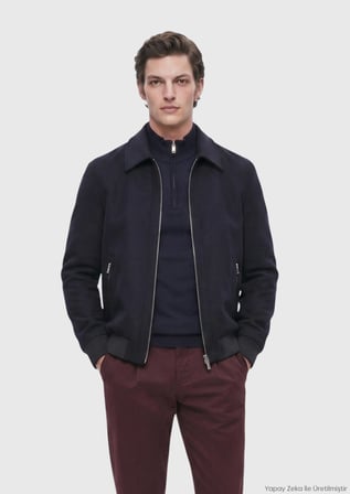 Lacivert Regular Fit Gömlek Yaka Casual Dokuma Mont