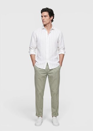 Açık Gri Düz Casual Fit Uzun Dokuma Casual %100 Keten Gömlek