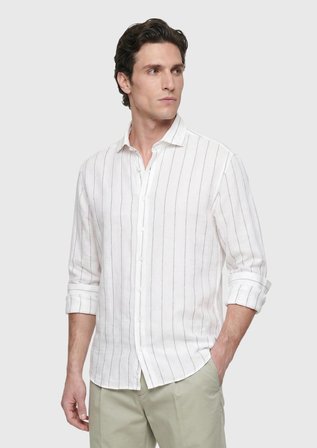 Açık Gri Düz Casual Fit Uzun Dokuma Casual %100 Keten Gömlek