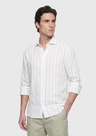 Açık Gri Düz Casual Fit Uzun Dokuma Casual %100 Keten Gömlek