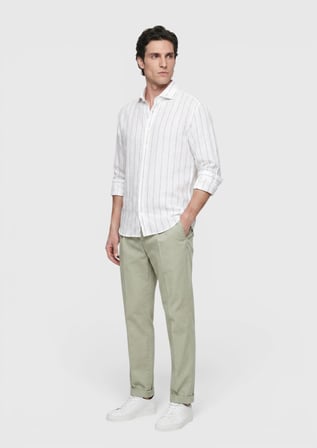 Açık Gri Düz Casual Fit Uzun Dokuma Casual %100 Keten Gömlek