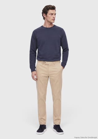 Bej Düz Dokuma Regular Fit Casual Pamuk Karışımlı Pantolon