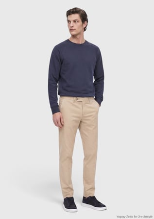 Bej Düz Dokuma Regular Fit Casual Pamuk Karışımlı Pantolon
