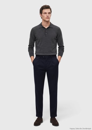 Lacivert Düz Dokuma Relaxed Fit Casual Pamuk Karışımlı Pantolon