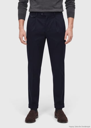 Lacivert Düz Dokuma Relaxed Fit Casual Pamuk Karışımlı Pantolon