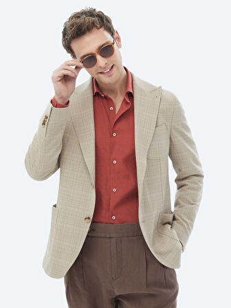 Vizon Kareli Modern Fit Yün Karışımlı Ceket